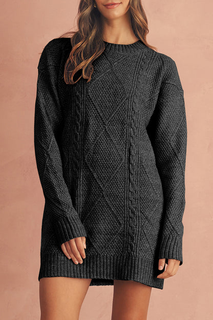 Mist Green Twist Cable Knit Drop Shoulder Loose Fit Sweater Dress