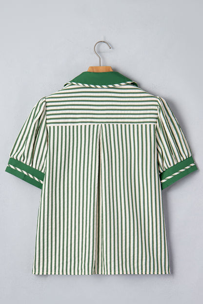Stripe Collared Split Neck Short Bubble Sleeve Blouse