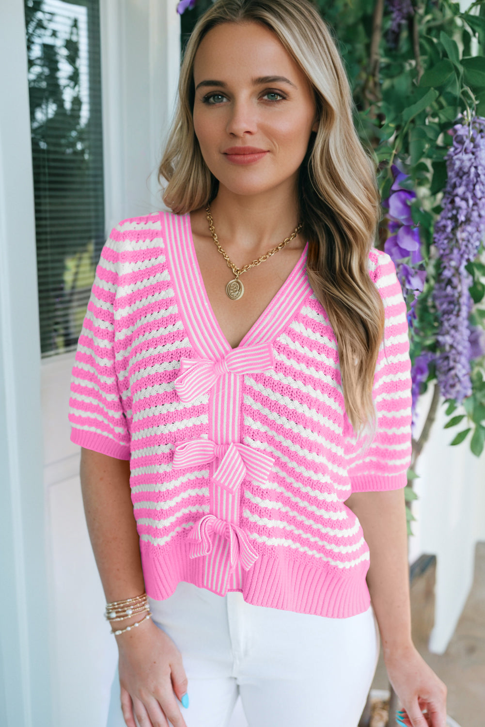 Stripe Short Sleeve Knit V Neck Bow Knot Sweater