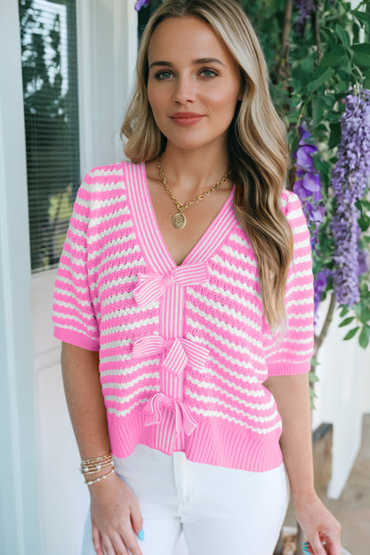 Stripe Short Sleeve Knit V Neck Bow Knot Sweater