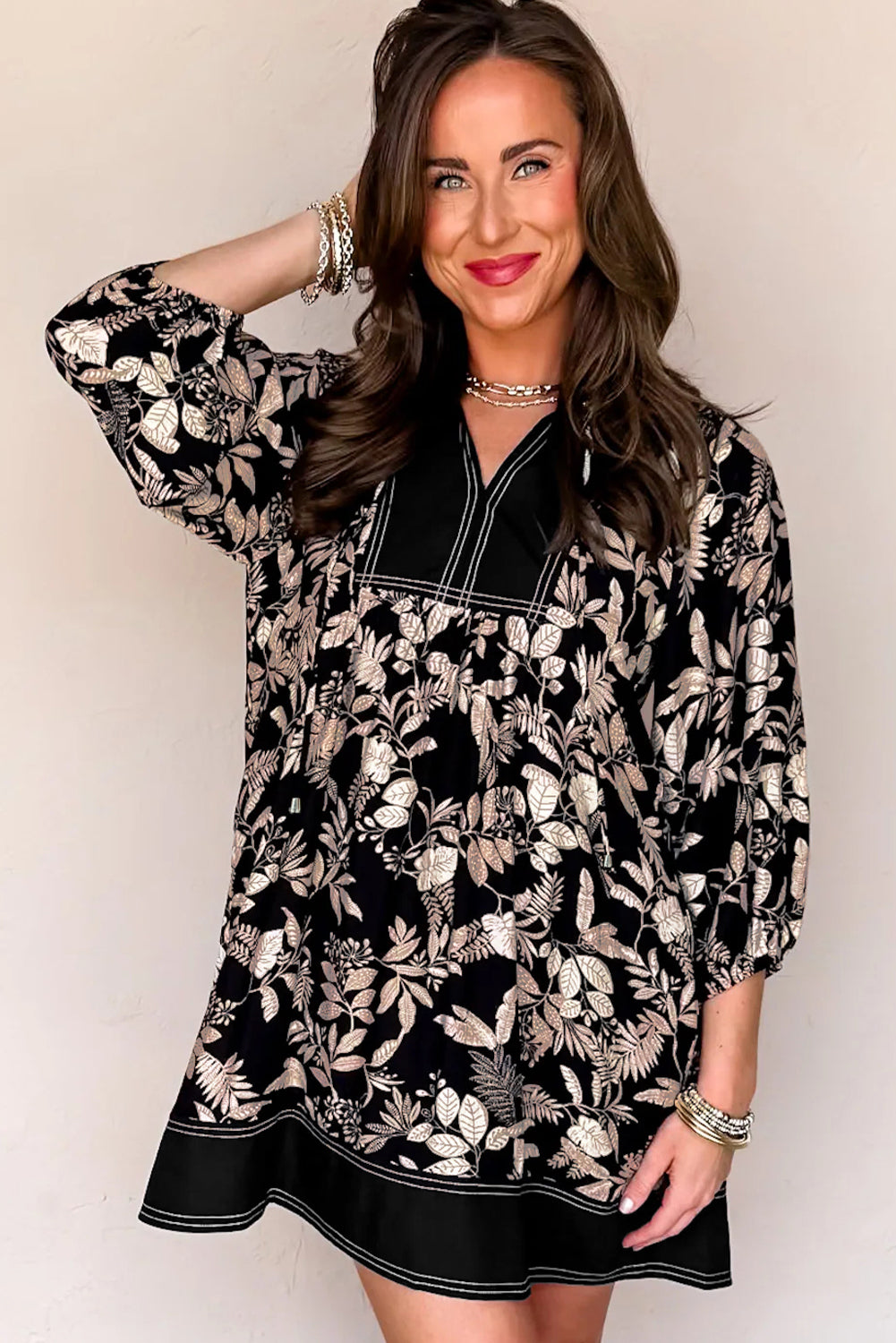 Black 3/4 Sleeve Botanical Print Split Neck Loose Mini Dress
