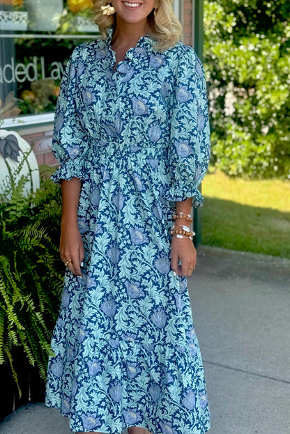 Floral Printed Frilled V Neck Bracelet Sleeve Long Dress