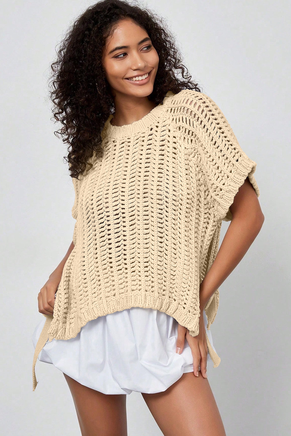 Open Knit Bow Tie Short Sleeve Sweater