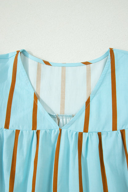 Sky Blue Stripe Ricrac Trim Double Ruffled Short Sleeve V Neck Blouse