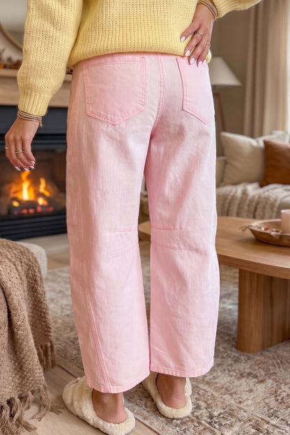 Color Grommet Detail Knot Waist Barrel Jeans