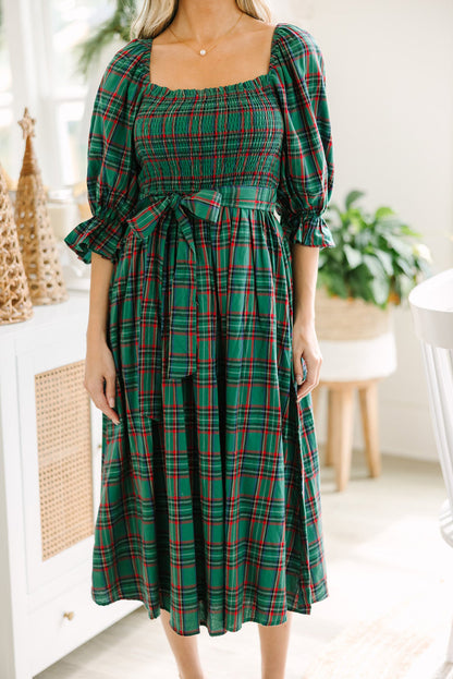 Plaid Square Neck Puff Sleeve Bowknot Waist Flared Midi Dress
