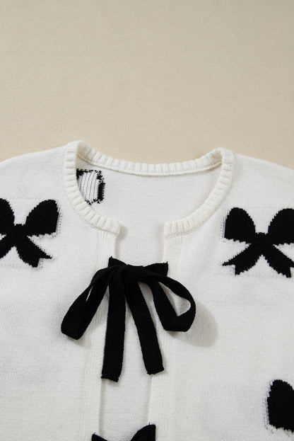 White Lace-Up Front Bow Pattern Round Neck Knit Cardigan