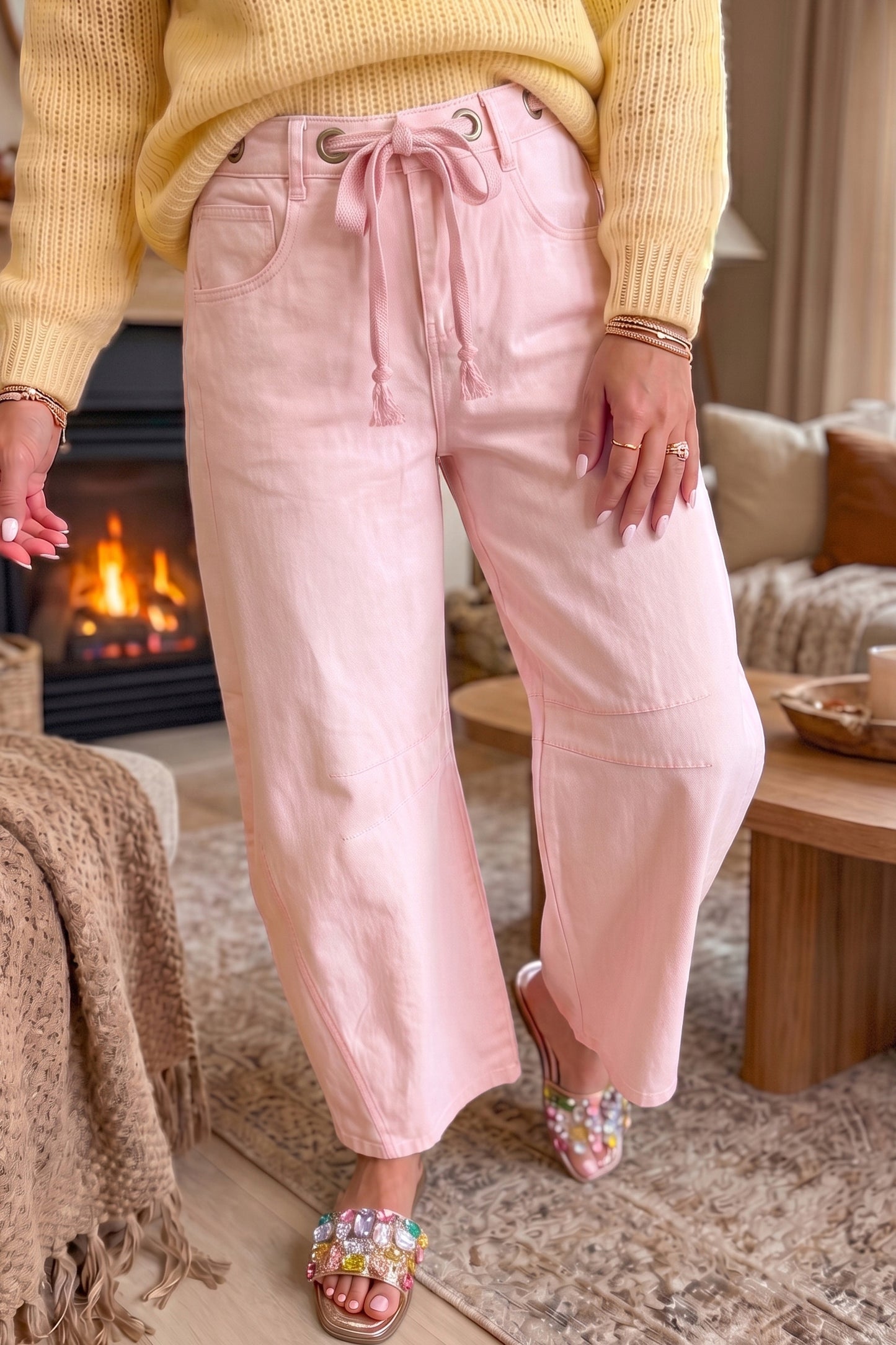 Color Grommet Detail Knot Waist Barrel Jeans
