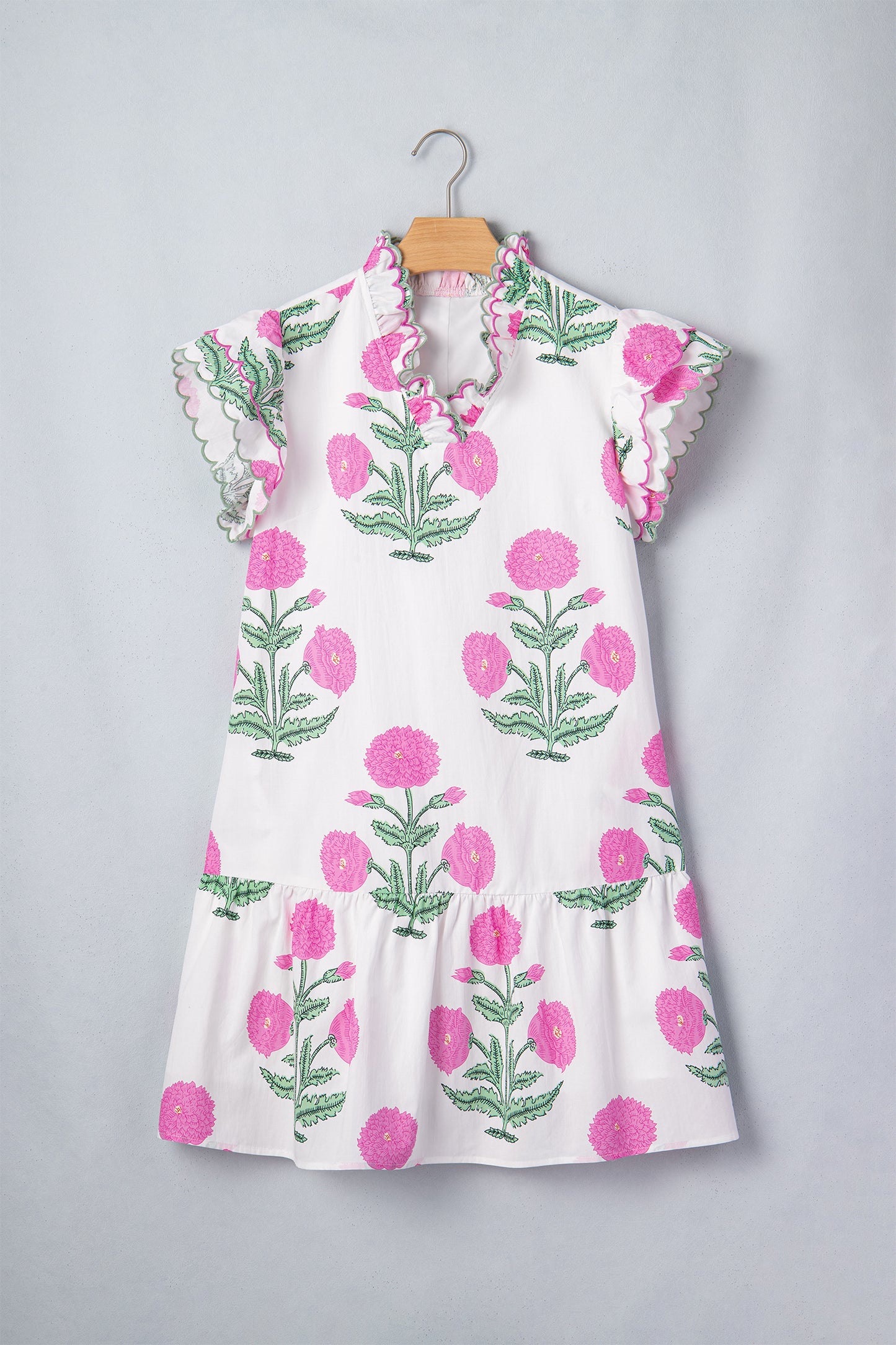 Wild Floral Print Scalloped Embroidery Trim V Neck Drop Waist Mini Dress