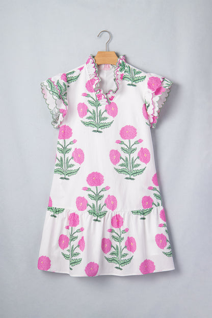 Wild Floral Print Scalloped Embroidery Trim V Neck Drop Waist Mini Dress
