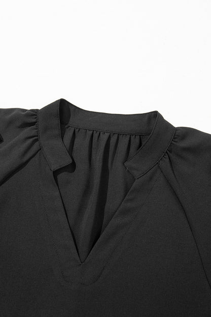 Black V Neck Bow Detail Puff Sleeve Blouse