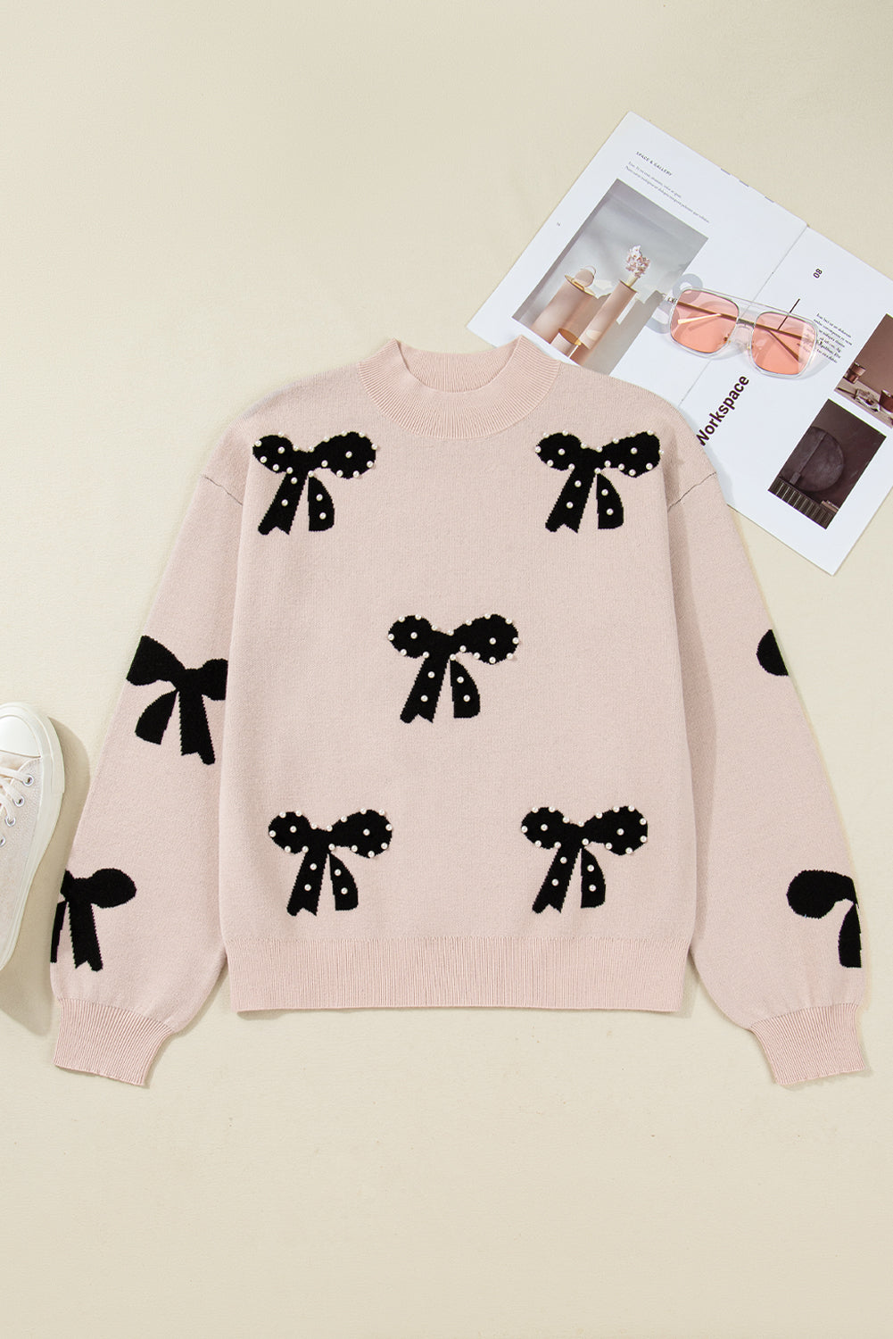 Pearl Embellished Bow Pattern Loose Sweater