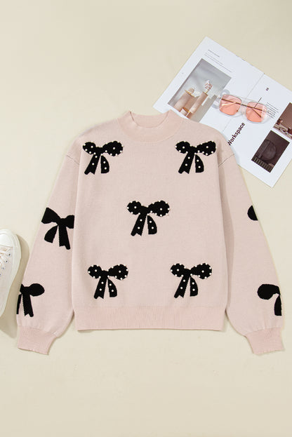 Pearl Embellished Bow Pattern Loose Sweater