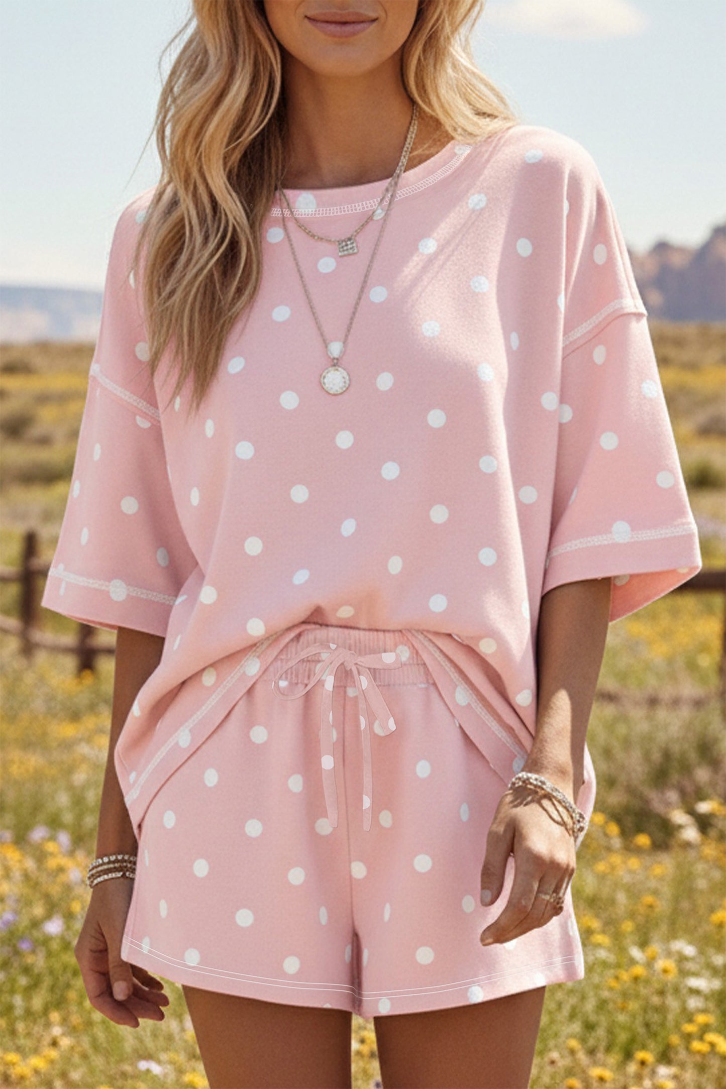 Polka Dot Short Sleeve Loose Top Drawstring Shorts Set