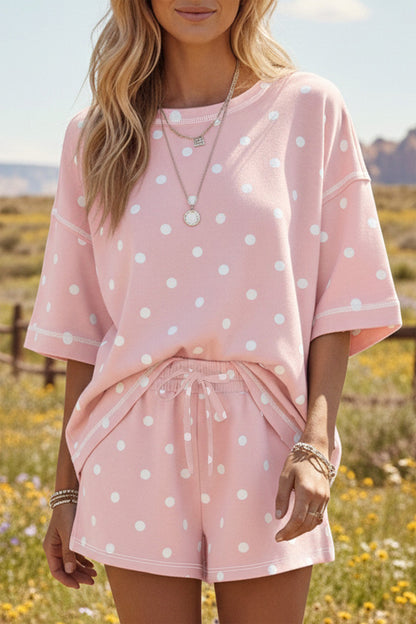 Polka Dot Short Sleeve Loose Top Drawstring Shorts Set