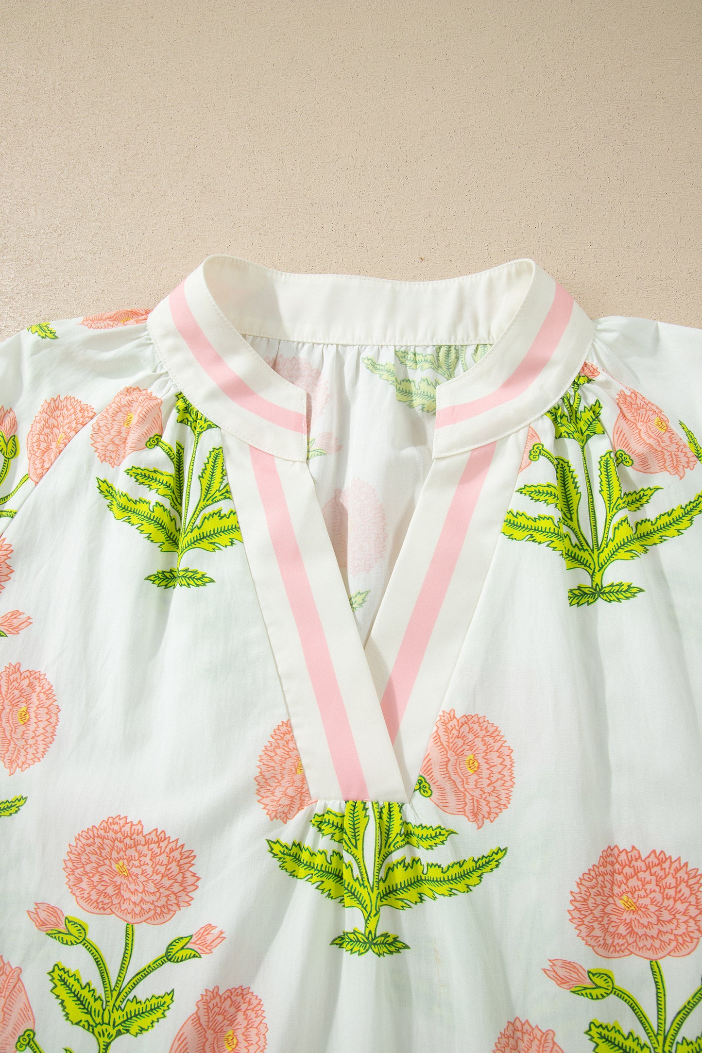 Floral Print Striped Trim V Neck Blouse