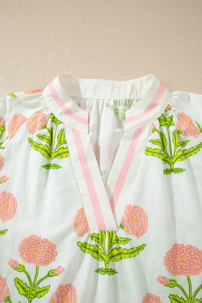 Floral Print Striped Trim V Neck Blouse