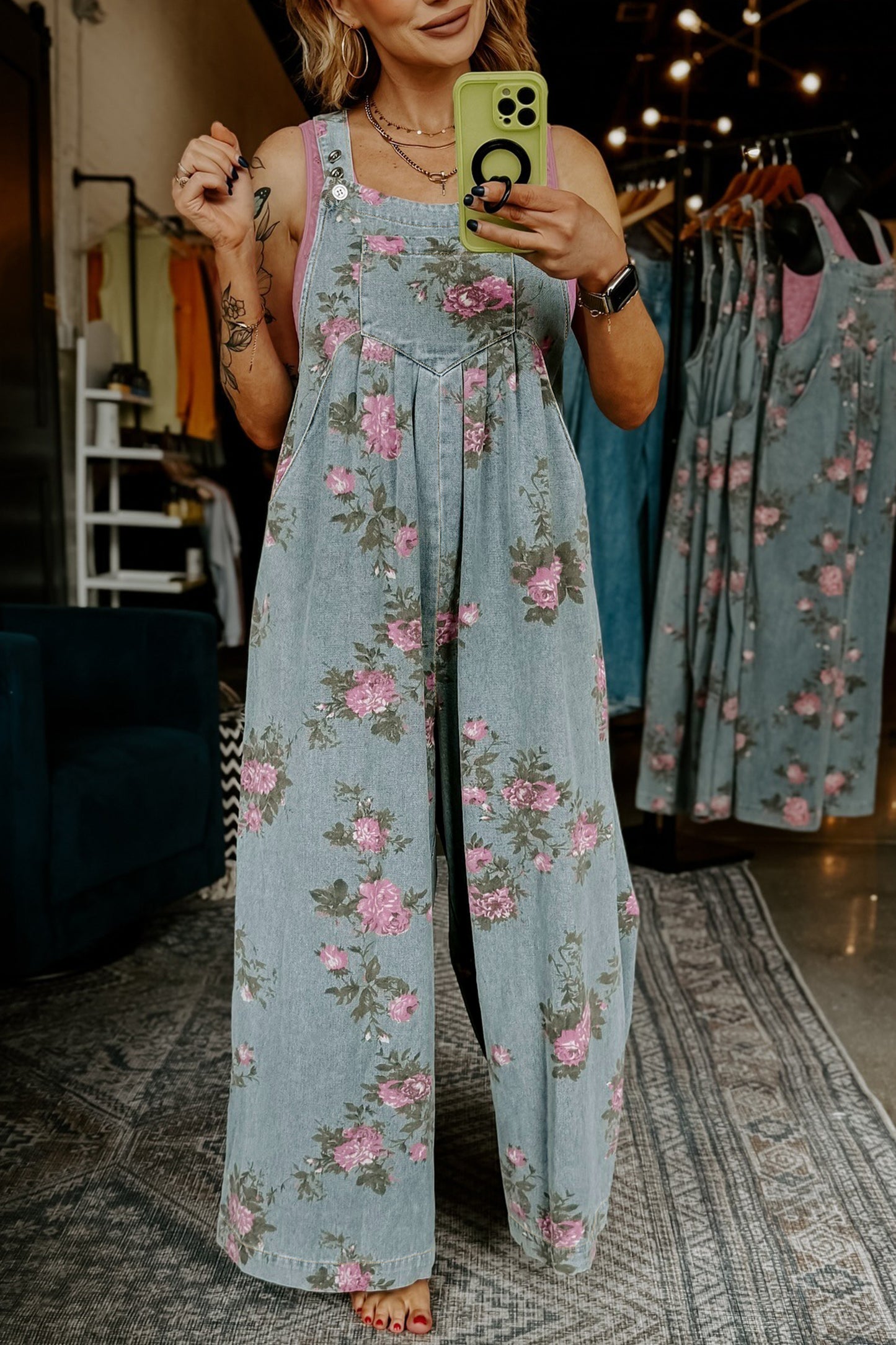 Floral Print Pleated High Waist Wide Leg Denim Jumpsuit