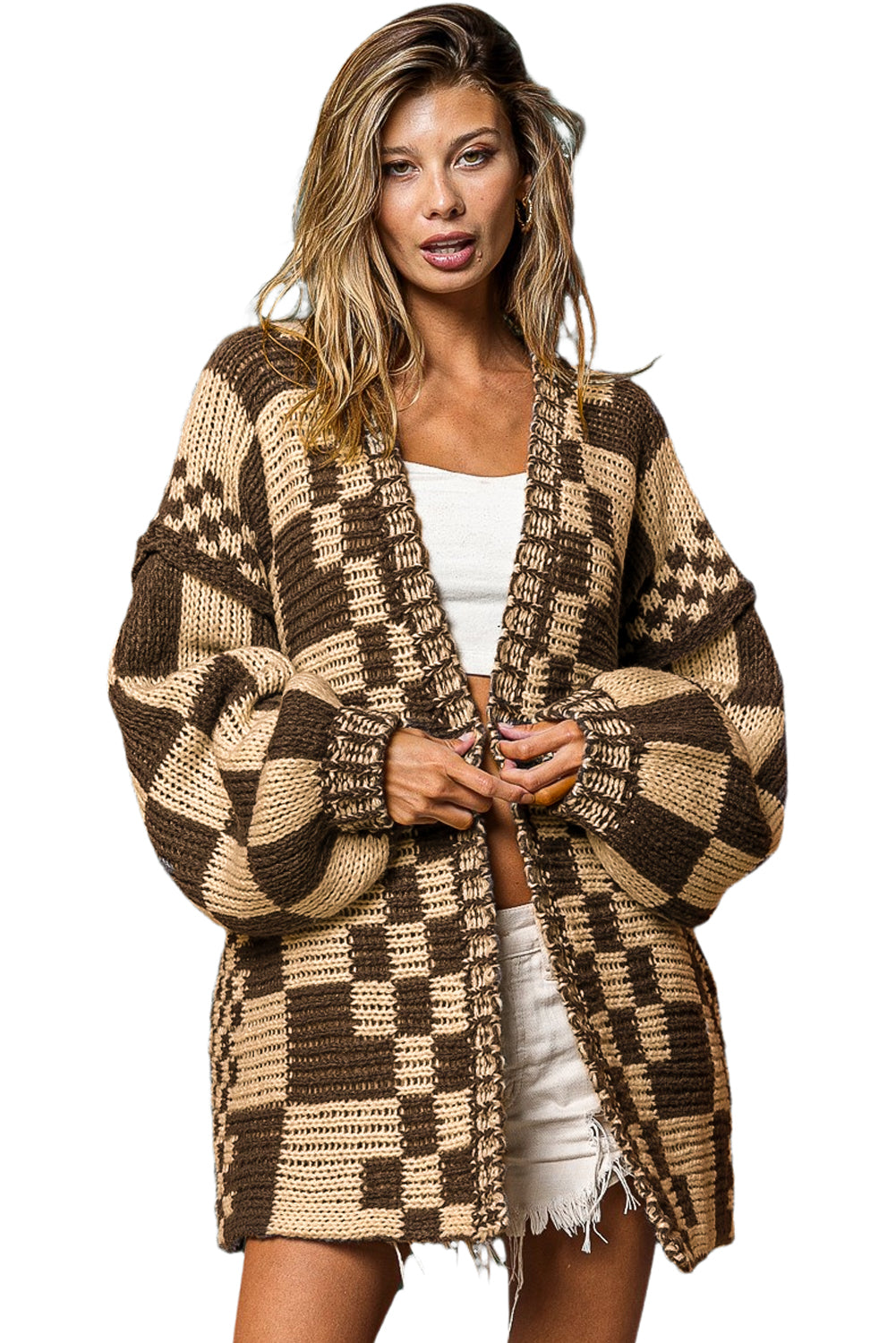 Rose Red Colorblock Checked Open Front Knitted Cardigan