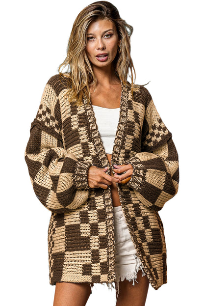 Rose Red Colorblock Checked Open Front Knitted Cardigan