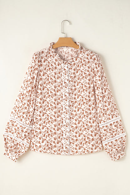 Khaki Printed Floral Print Lace Detail Puff Sleeve Shirt