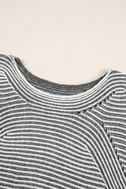 Striped Print Ribbed Knit Raglan Sleeve Baggy Sweater
