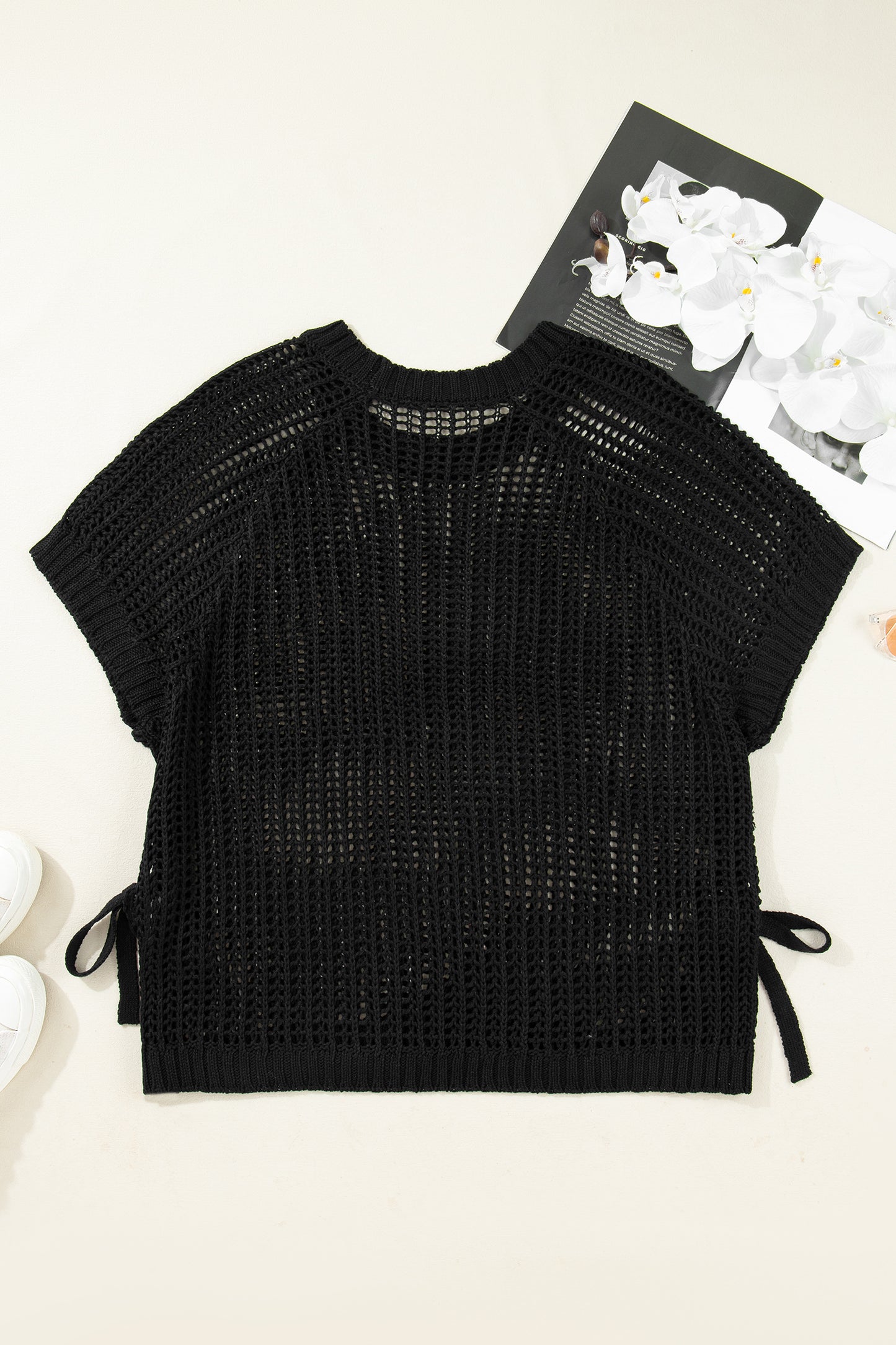 Open Knit Bow Tie Short Sleeve Sweater