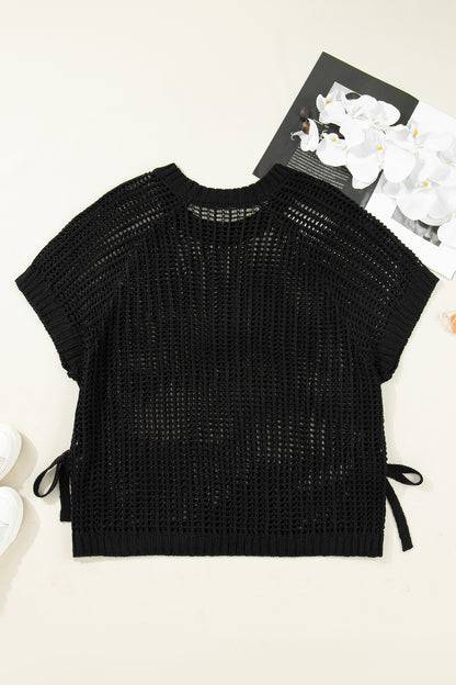 Open Knit Bow Tie Short Sleeve Sweater