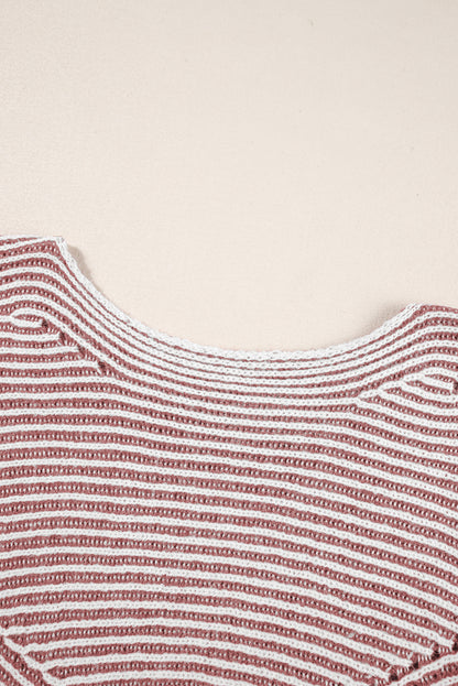 Striped Print Ribbed Knit Raglan Sleeve Baggy Sweater