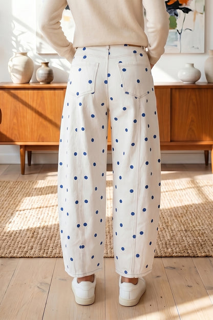 Tailored Seam Polka Dot Print Barrel Casual Jeans