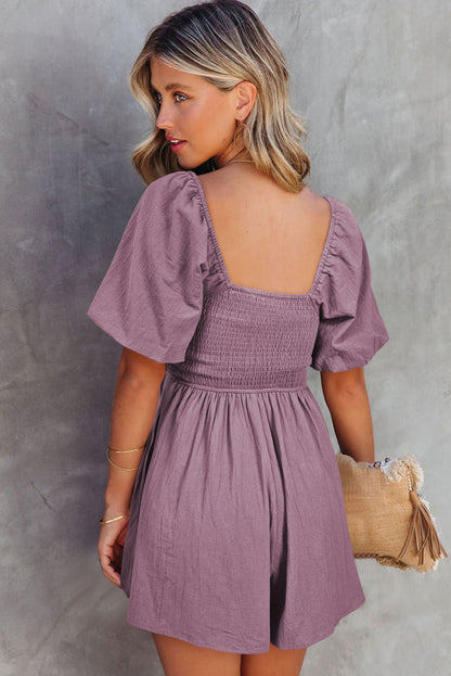 Square Neck Ruched Puff Sleeve Romper