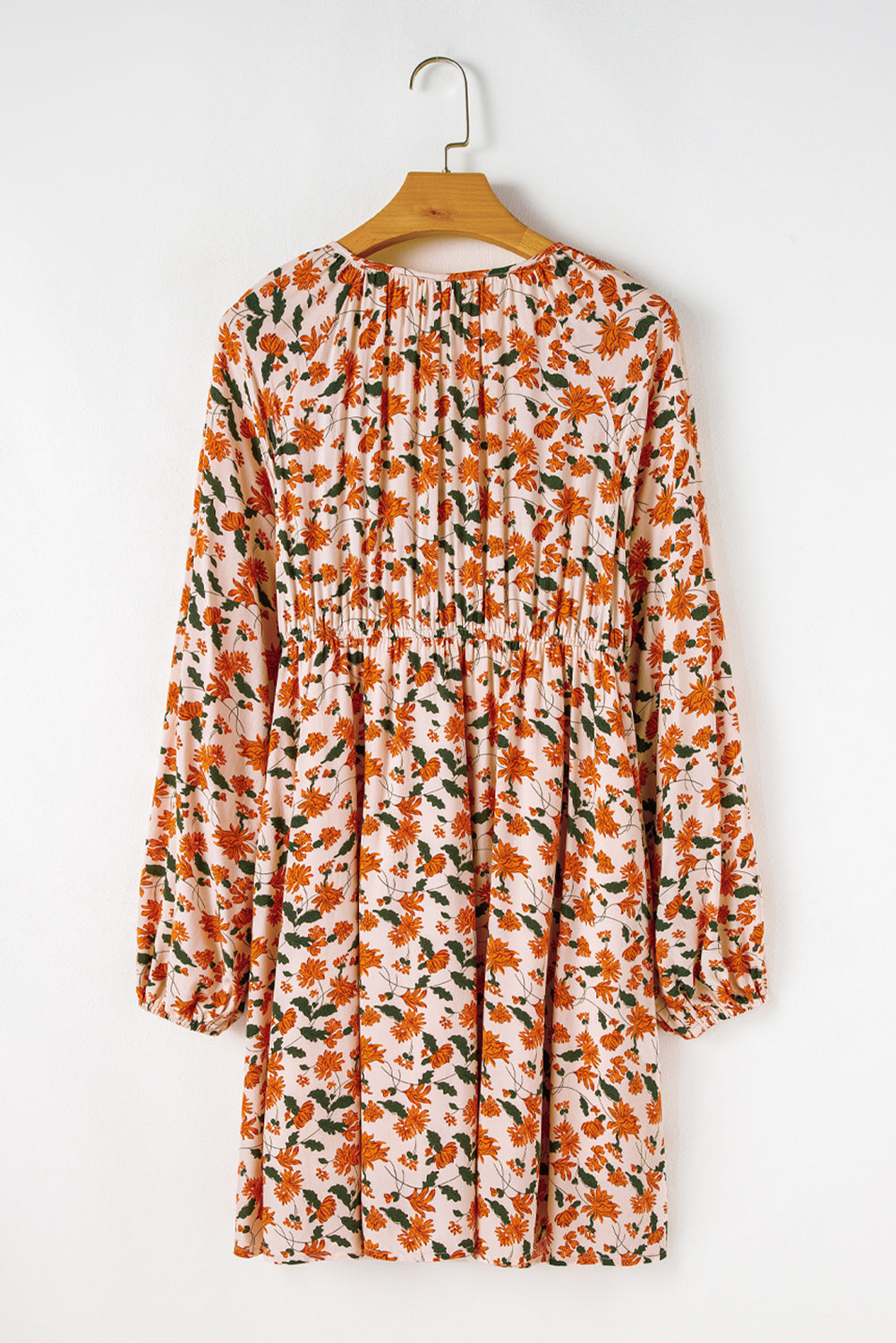 Floral Smocked V Neck Bubble Sleeve Babydoll Dress