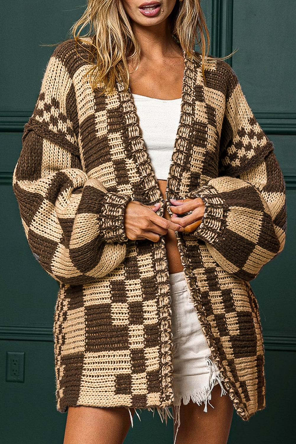 Rose Red Colorblock Checked Open Front Knitted Cardigan
