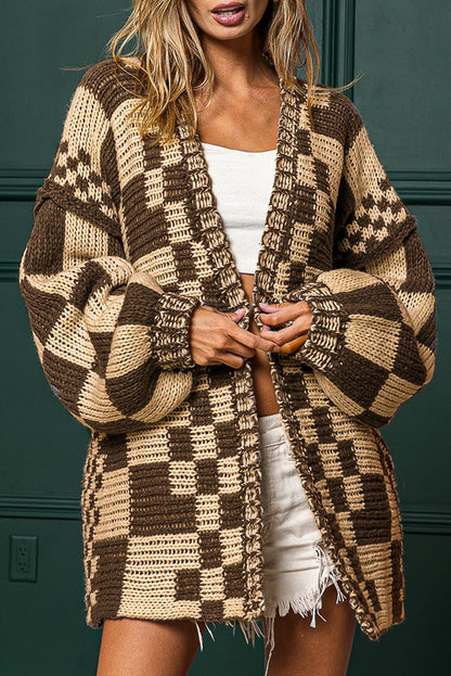Rose Red Colorblock Checked Open Front Knitted Cardigan