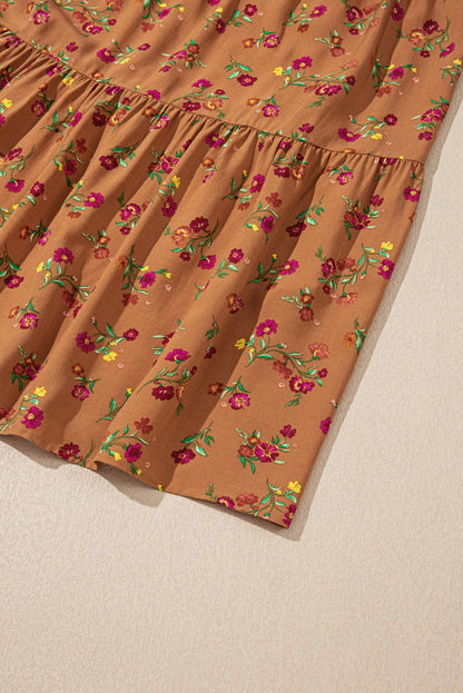 Brown Plus Size Floral Split V Neck Ruffled Sleeve Tiered Maxi Dress