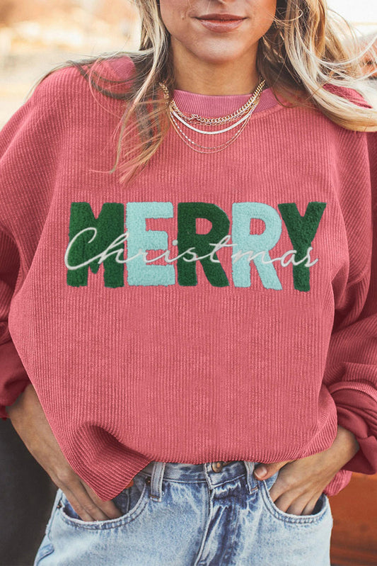 MERRY Christmas Terry Flocking Corded Graphic Sweatshirt
