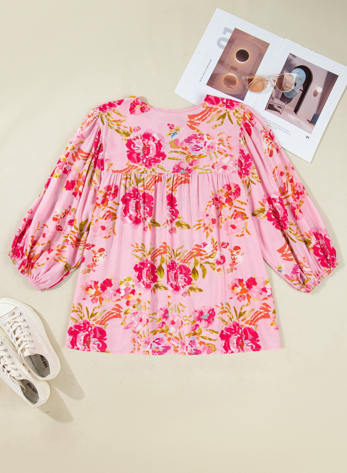 Plus Size Floral Print V Neck Tie Front Short Sleeve Tunic Top