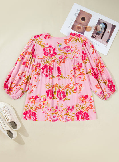 Plus Size Floral Print V Neck Tie Front Short Sleeve Tunic Top