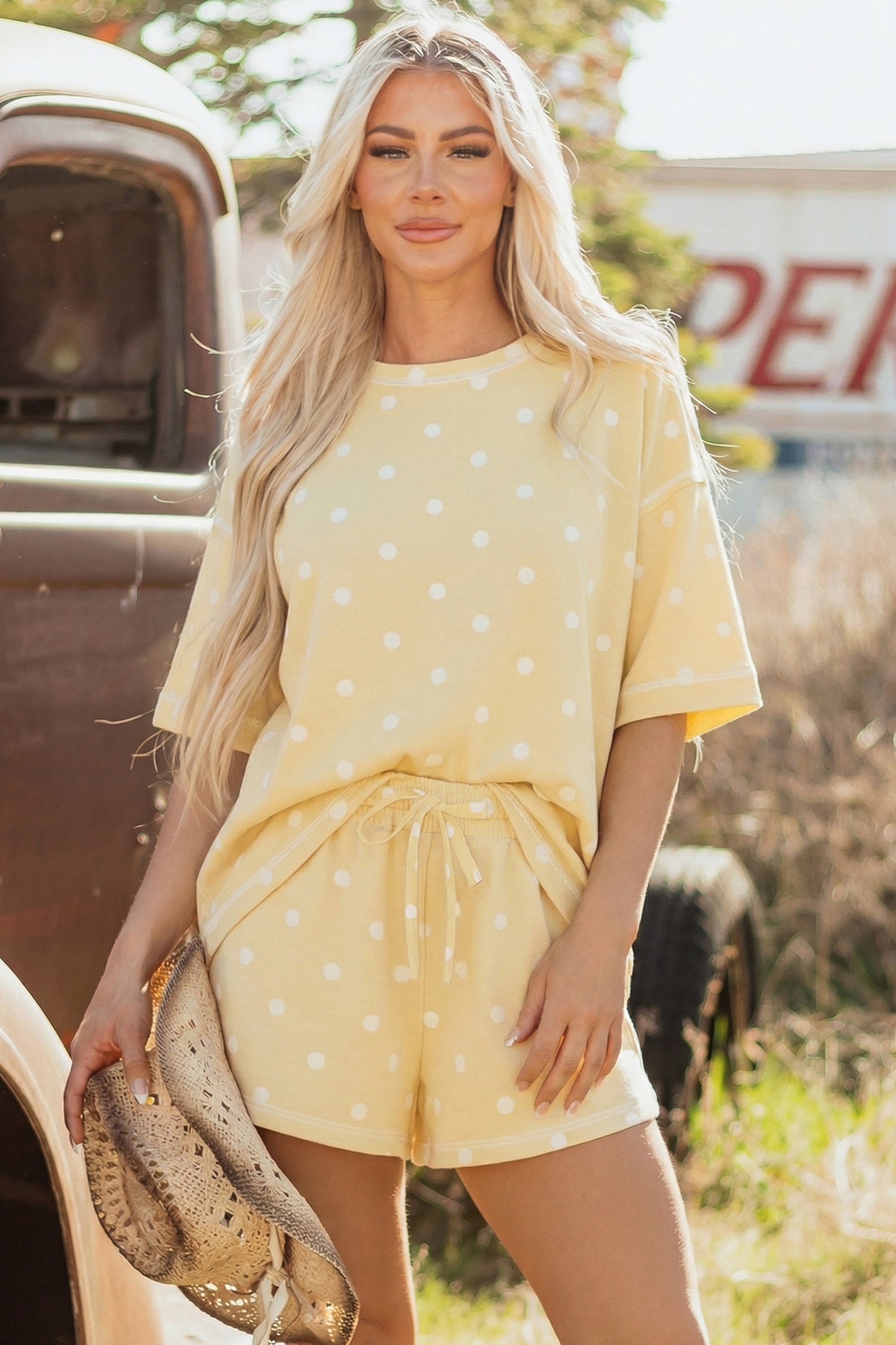 Polka Dot Short Sleeve Loose Top Drawstring Shorts Set