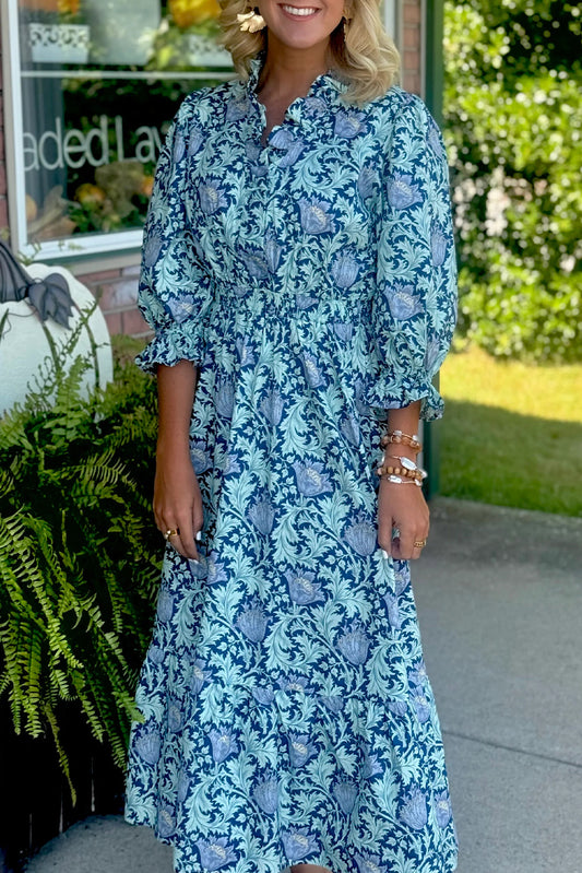 Floral Printed Frilled V Neck Bracelet Sleeve Long Dress