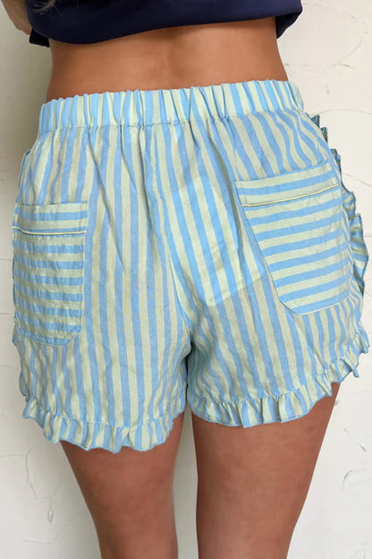 Stripe Elastic Waist Ruffle Trim Casual Shorts
