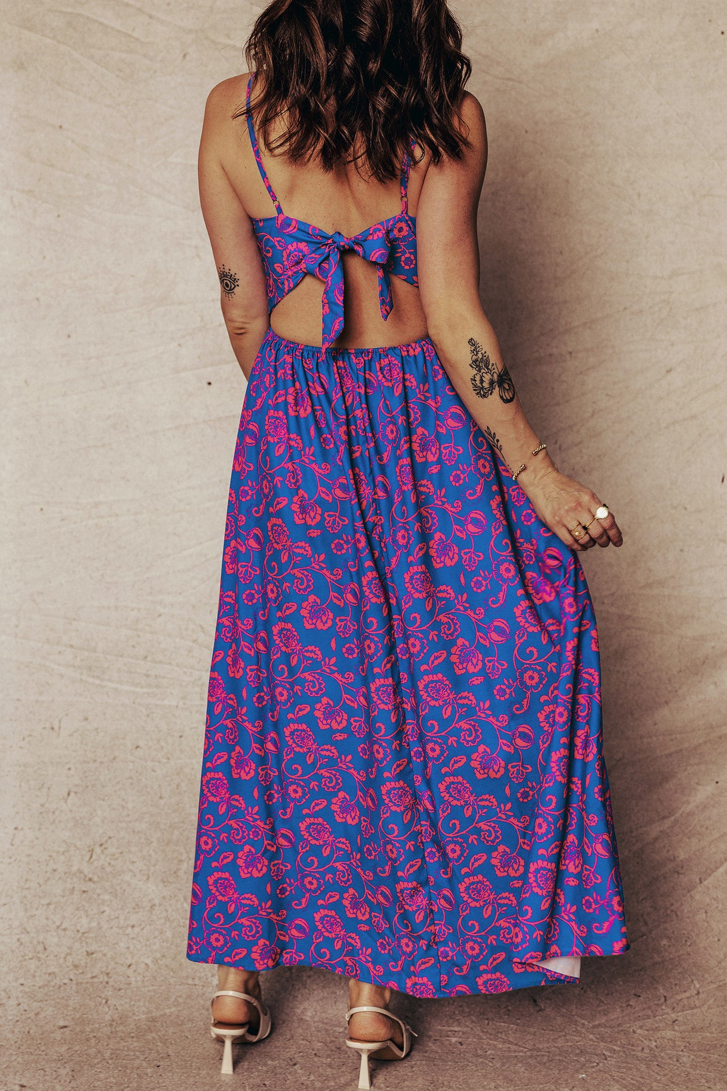 Floral Print Twisted V Neck Tied Backless Maxi Dress