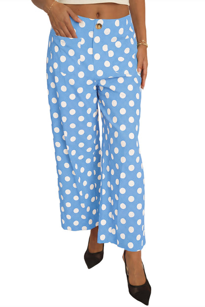 Polka Dot Print Patched Pocket Mid-rise Straight Leg Pants
