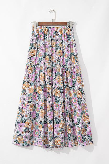 Bohemian Floral Print Tiered Maxi Skirt with Split