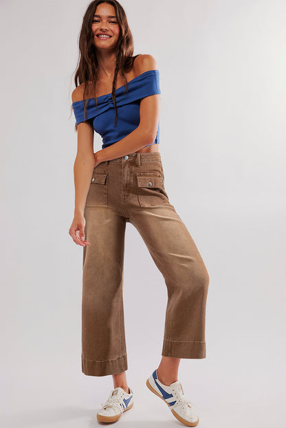 Flap Pockets Front Straight Cropped Jeans