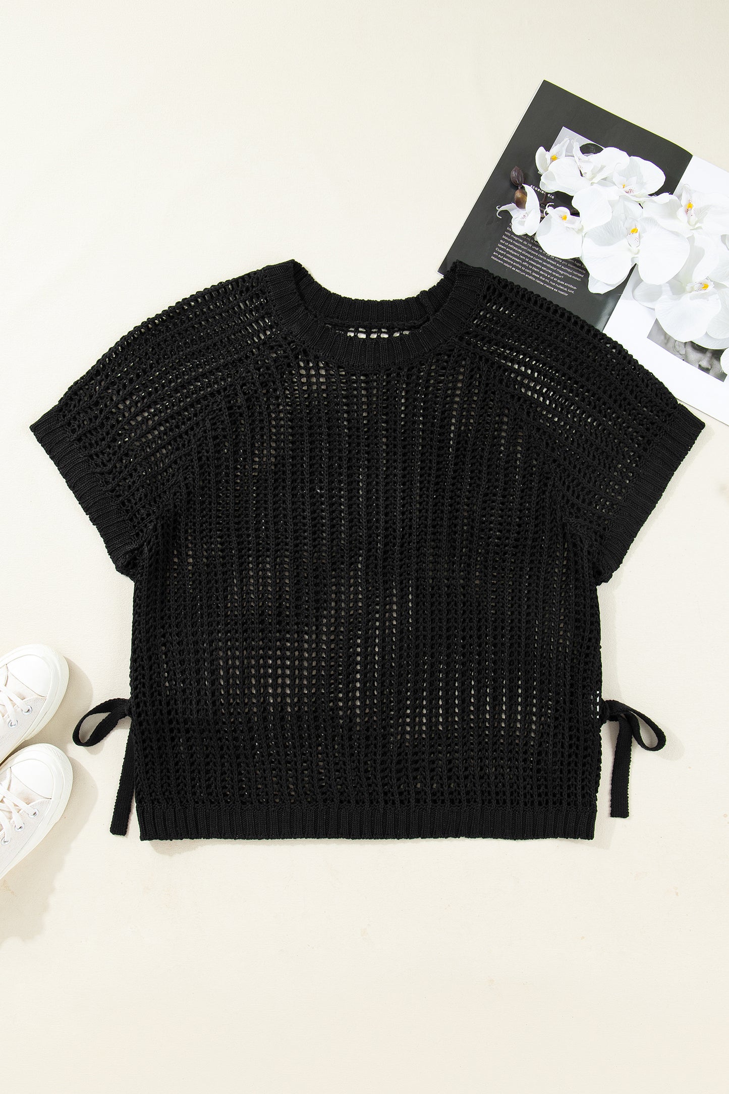 Open Knit Bow Tie Short Sleeve Sweater