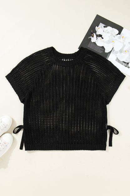 Open Knit Bow Tie Short Sleeve Sweater