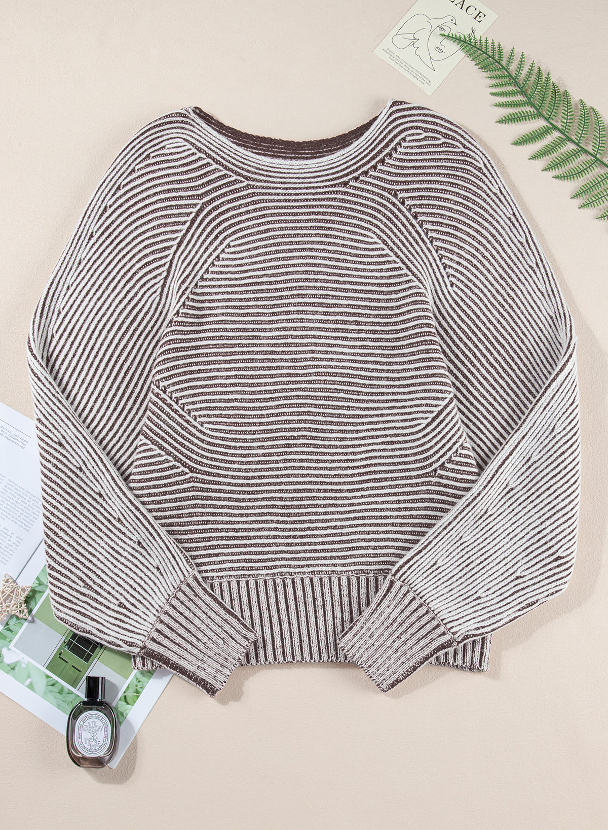 Striped Print Ribbed Knit Raglan Sleeve Baggy Sweater