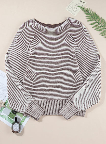 Striped Print Ribbed Knit Raglan Sleeve Baggy Sweater