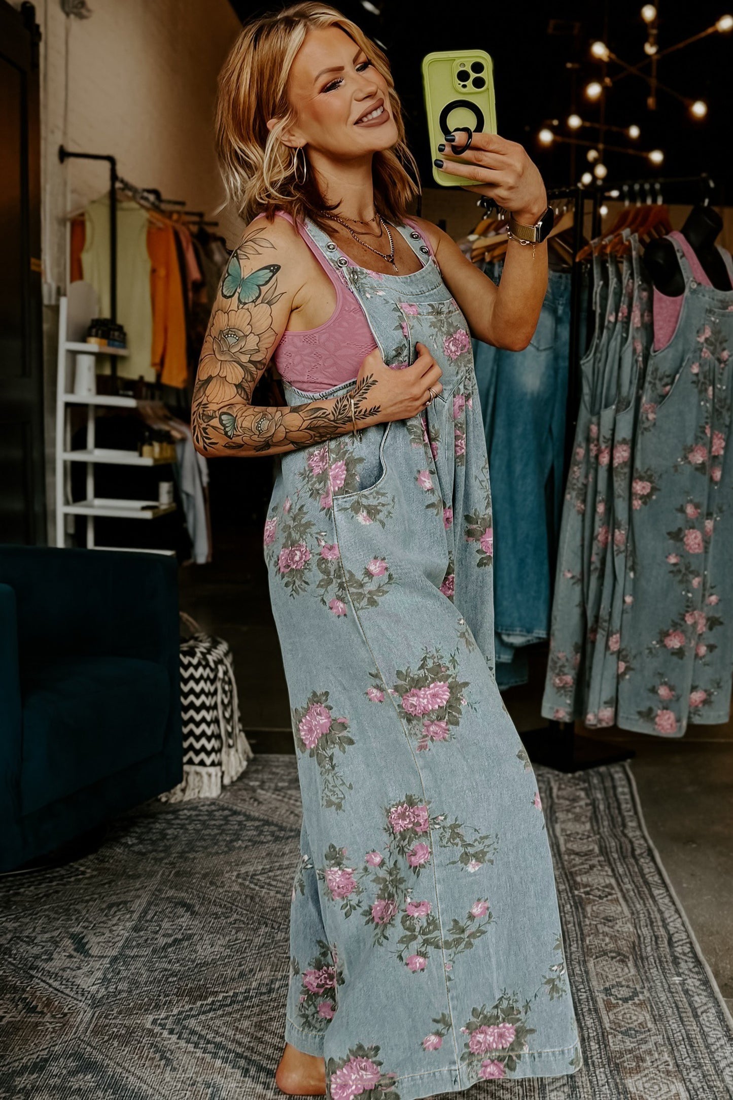 Floral Print Pleated High Waist Wide Leg Denim Jumpsuit